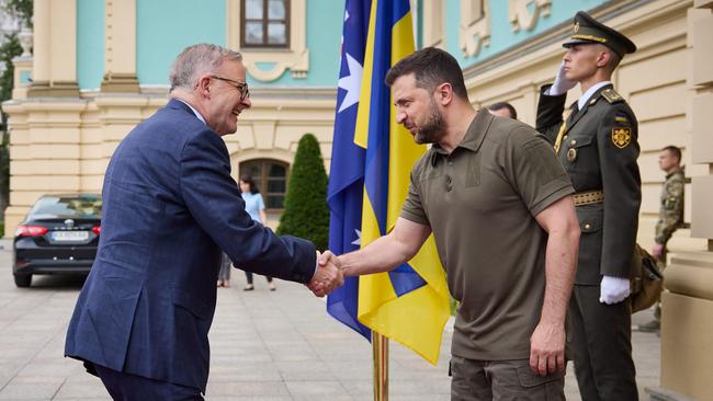 Volodymyr Zelenskyy greets Anthony Albanese ahead of their meeting in Kyiv.