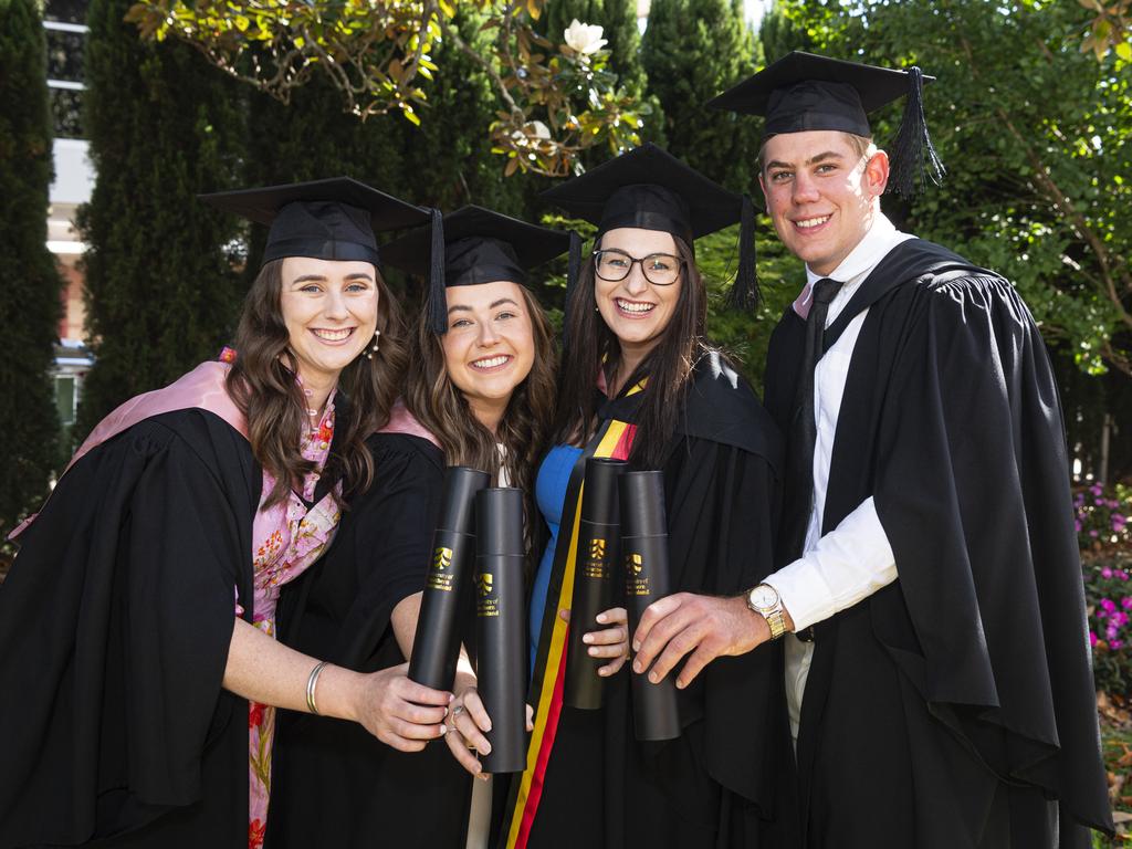 Celebrating graduating with a Bachelor of Education are (from left) Tanya Hearne, Kirby O'Shea, Hayley Lobwein and Jed Garratt at a UniSQ graduation ceremony at The Empire, Tuesday, October 29, 2024. Picture: Kevin Farmer