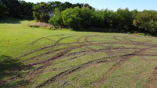 Damage created by cars that did burnouts at Green Point, Angourie.