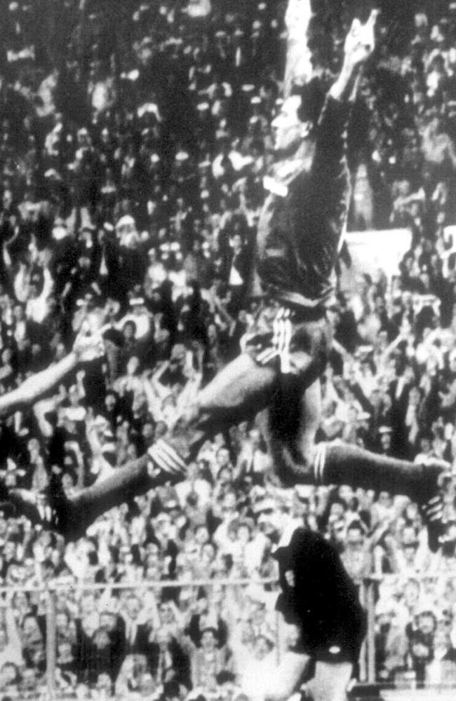 Craig Johnston jumps in air as he celebrates scoring winning goal during the Liverpool v Everton FA Cup final at Wembley Stadium in London.