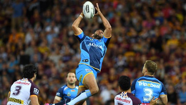 Tyronne Roberts-Davis leaps for a high ball against Brisbane in Round 7 last year. Picture: AAP Image