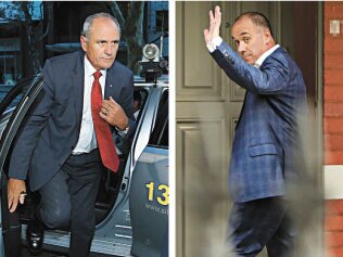 NAB Chairman Ken Henry, left, arrives at ABC studios in Sydney tonight and the bank's chief executive Andrew Thorburn at his home in Melbourne. Pictures: Britta Campion, Stuart McEvoy