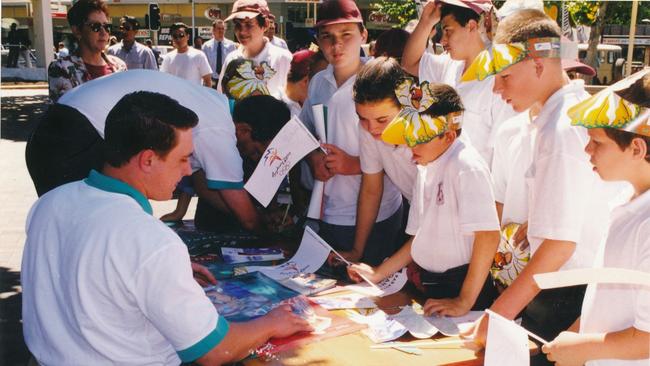 Athlete signing autographs at Paralympic Expo in Church St Mall, Parramatta in 1997. Picture: City of Parramatta