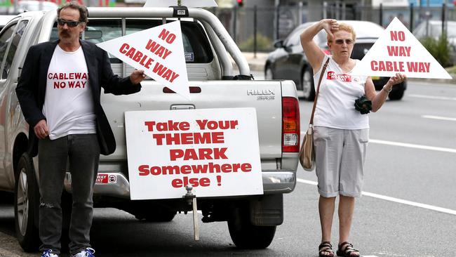 Opponents of the cableway project staging a pop up rally outside the electorate of Mermaid Beach MP Ray Stevens in 2015. Picture: Jerad Williams.