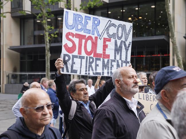 Taxi drivers protest in Martin Place today aver what they say is unfair compensation for the value of their taxi licenses. Picture: NCA NewsWire / David Swift