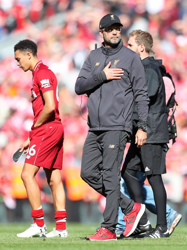 Jurgen Klopp, Manager of Liverpool acknowledges the fans. Picture: Catherine Ivill/Getty Images