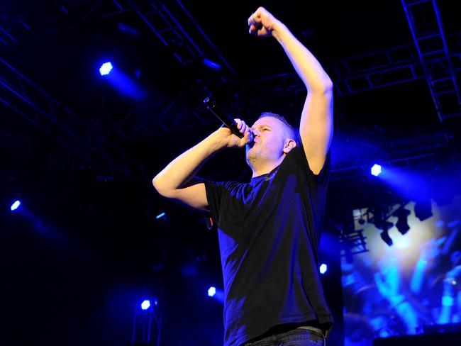 MC Pressure in action as Hilltop Hoods play Brisbane Riverstage on Friday, August 23, 2019. They play again Saturday. Picture: John Gass/AAP