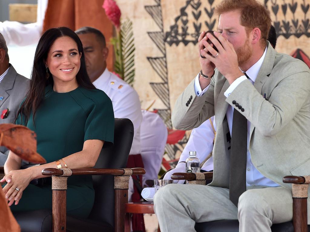 Prince Harry sampled the beverage during a farewell ceremony at Nadi airport on October 25, 2018. Picture: Peter Parks/AFP