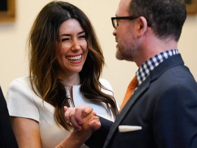 Johnny Depp's attorney Camille Vasquez talks with trial services specialist Thomas Gibson after the jury began deliberations. Picture: AFP