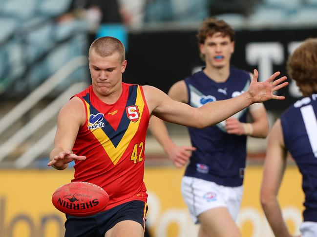 Crows SANFL Rookie Program pick-up Tyler Welsh in action for South Australia’s under-18s team against Vic Metro last Sunday. Picture: Sarah Reed/AFL Photos via Getty Images