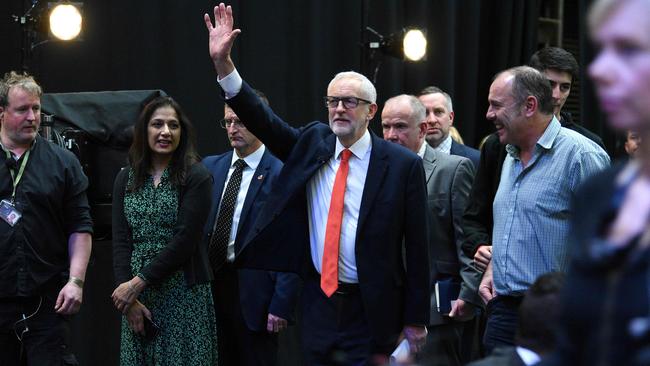 Labour Party leader Jeremy Corbyn leaving the set of Johnson v Corbyn: The ITV Debate at Salford. Picture: AFP/ITV/Jonathan Hordle