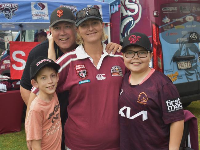 The White family - Jason, Sarah, Billy and Jasper - at the CQ Capras game against the Ipswich Jets in Round 12 of the Hostplus Cup at Rugby Park, Rockhampton, on June 1, 2024.
