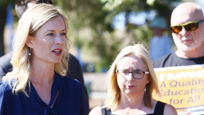 Tasmanian Labor leader Rebecca White, left, speaks to the media while on the campaign trail. Picture: MATT THOMPSON