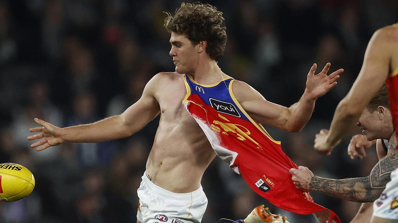 Deven Robertson is going to auction off his torn Brisbane guernsey for charity. Picture: Daniel Pockett / Getty Images