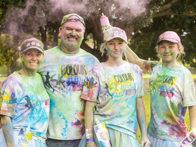 Michelle Moren, Jarrod Moren, Shanae McMenamin and Jordy Moren from Sarina at the Mackay Colour Run 2021. Picture: Michaela Harlow