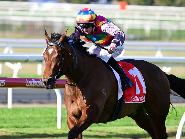 Tiger Shark dashes away to win the QTIS 3YO Handicap at Doomben under Damien Thornton. Picture: Grant Peters - Trackside Photography