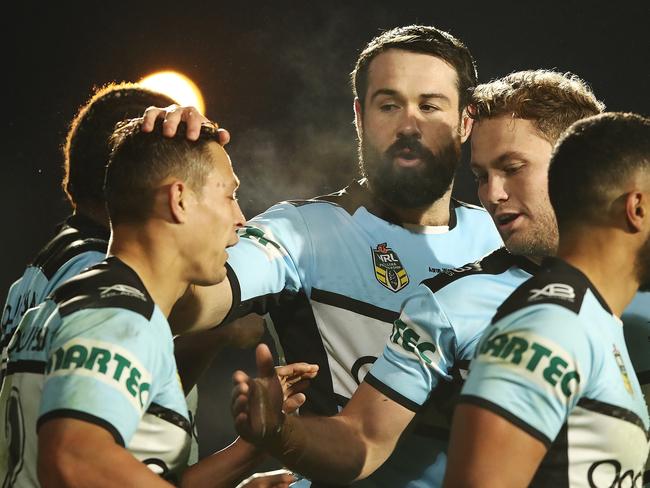 AUCKLAND, NEW ZEALAND - JUNE 29:  Aaron Woods of the Sharks celebrates after Edrick Lee of the Sharks scored a try during the round 16 NRL match between the New Zealand Warriors and the Cronulla Sharks at Mt Smart Stadium on June 29, 2018 in Auckland, New Zealand.  (Photo by Hannah Peters/Getty Images)