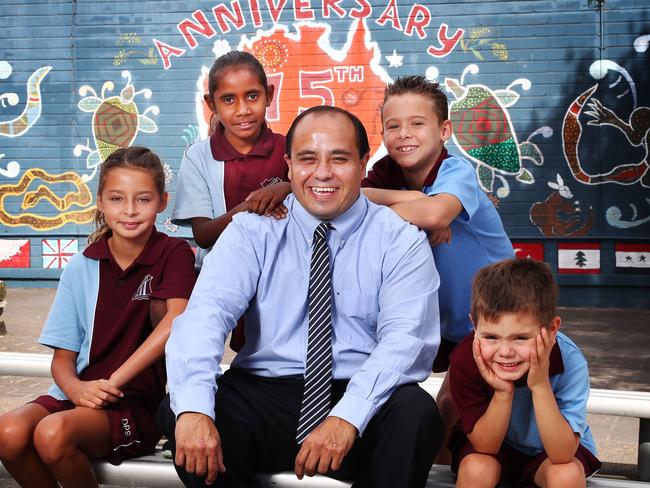 16/2/18:  David Galea who is the principal of Doonside Public School in Sydney's west with L to R..Talara Bell 10,Jenelle Wright 7, Kayleb Holman 8 and Braedyn Tangye-Komorowski 6. As the nation struggles to close the gap between indigenous and non-indigenous education results, Doonside Public School in Western Sydney has been bucking the trend. With high absentee rates an ongoing issue for schools with a high proportion of indigenous kids, Doonside now has an attendance rate of above 90 per cent. NAPLAN results have also improved. John Feder/The Australian.