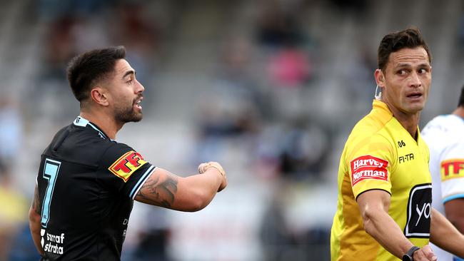 Cronulla's Shaun Johnson complains that Titans' Kevin Proctor bit him and he was sent from the field during the NRL match between the Cronulla Sharks and Gold Coast Titans at Kogarah oval. Picture. Phil Hillyard