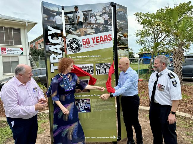 St John NT chief executive Andrew Tombs, Patron Ruth Jones, Administrator of the Northern Territory Hugh Heggie and Mark Ferguson unveiling the new Cyclone Tracy commemorative sign at the St John's Parap Station. Picture: Sam Lowe