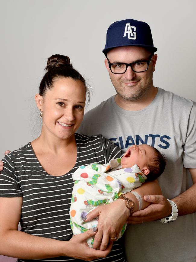 Kasia and Chris Duncan with their newborn son, Alex. Picture: Naomi Jellicoe