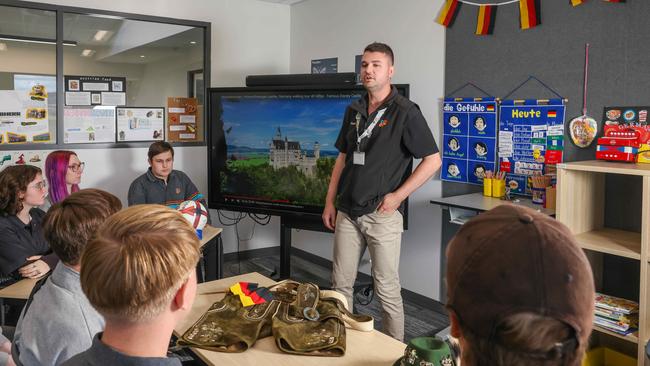 Aldinga Payinthi College German teacher Mitch Neeb with his German class. Picture: Russell Millard