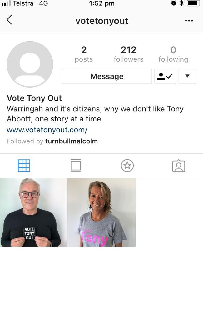 A screenshot of the Vote Tony Out Instagram page showing Malcolm Turnbull as a follower. Picture: Instagram/@votetonyout