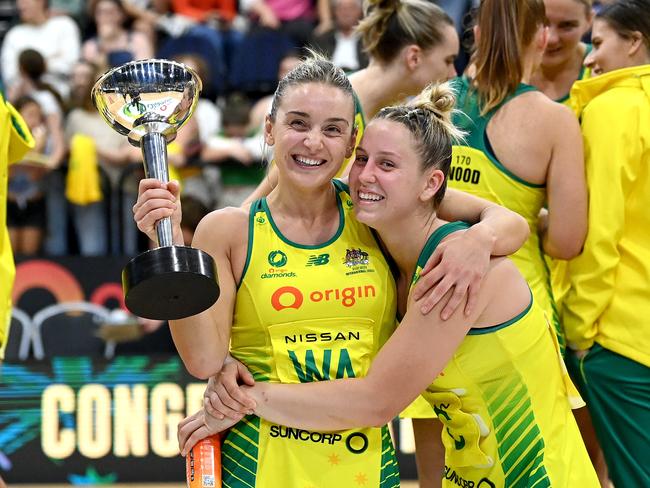 Diamonds pair Jamie-Lee Price (left) and Liz Watson celebrate winning the 2022 Constellation Cup. Picture: Bradley Kanaris/Getty Images