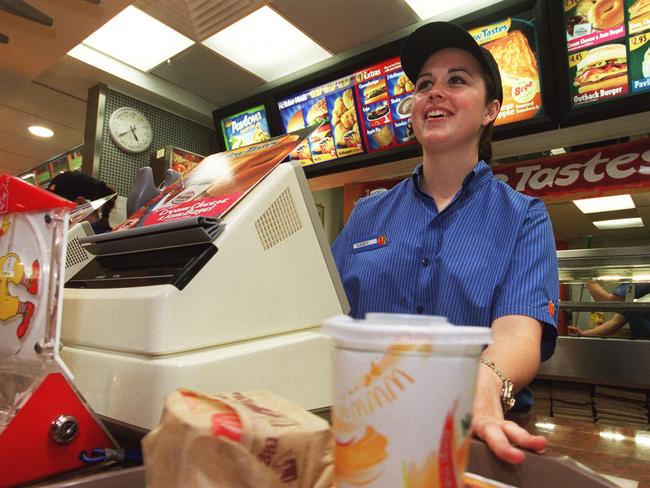 McDonald's employee worker Kasey Burgess atoutlet in Myer Centre Food Court 19 Aug 2002.  mcdonalds employment