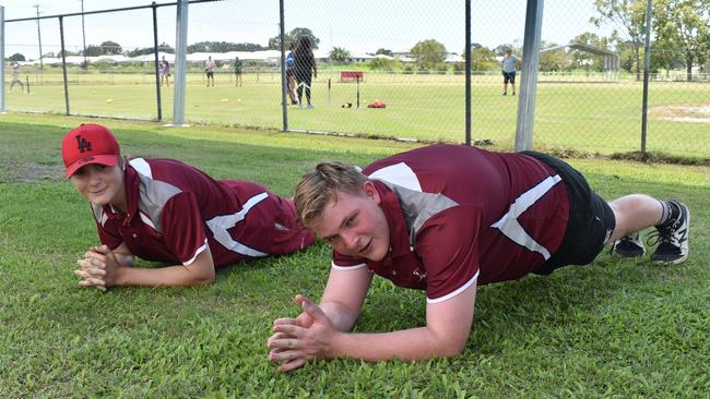 Current Queensland junior reps James Allen and Jaxon Maluga training at the Mackay Softball grounds at Theo Hansen Park, Beaconsfield, in February 2022. Picture: Lillian Watkins