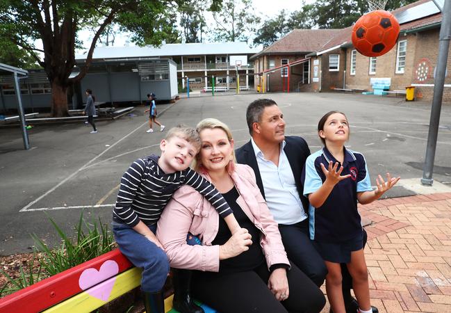 Waitara Public School president Nick Berman, wife, Christine and kids Kate and John at the school. Picture: John Feder/The Australian