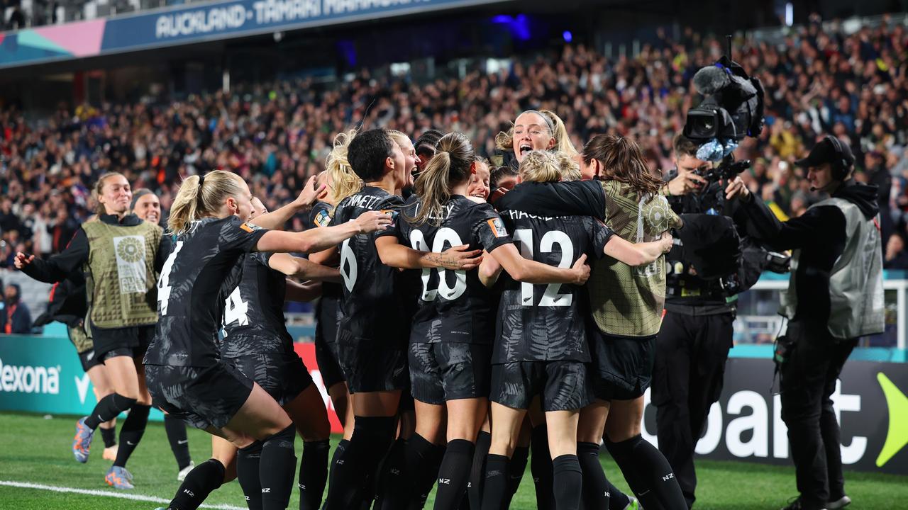 New Zealand celebrate after Hannah Wilkinson’s tournament-opening goal. Picture: Getty