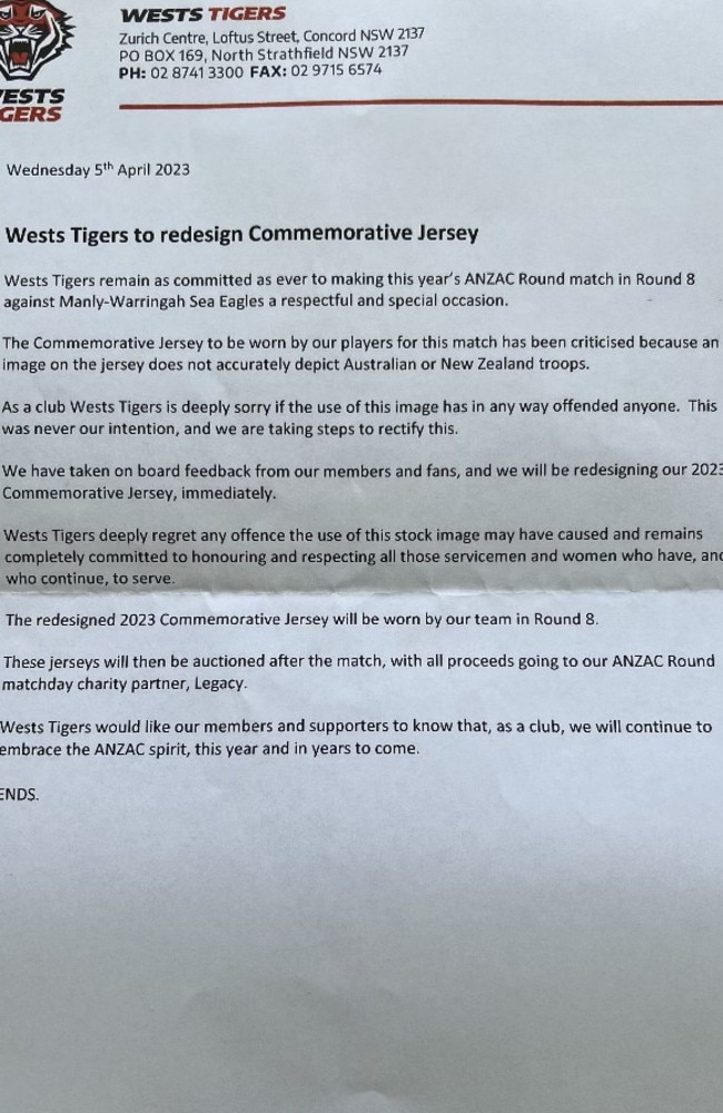 Wests Tigers apologise after accidentally depicting US soldiers on Anzac  jersey, Wests Tigers