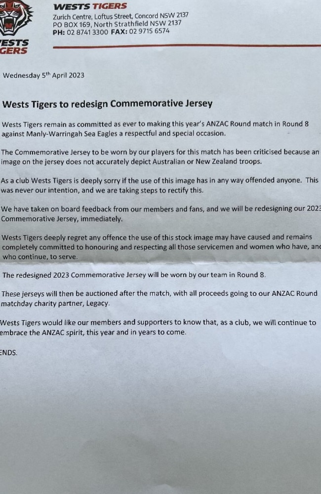 Wests Tigers statement addressing Anzac jersey blunder.