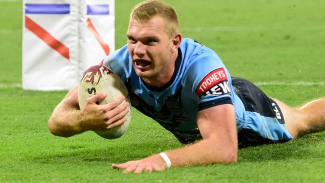 TOWNSVILLE, AUSTRALIA - JUNE 09:  Tom Trbojevic of the Blues scores a try during game one of the 2021 State of Origin series between the New South Wales Blues and the Queensland Maroons at Queensland Country Bank Stadium on June 09, 2021 in Townsville, Australia. (Photo by Ian Hitchcock/Getty Images)