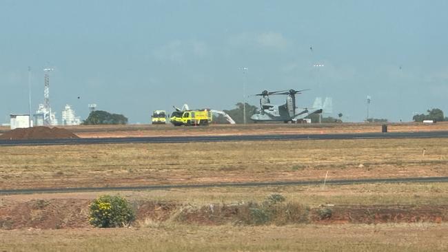 A U.S. Marine V-22 Osprey was seemingly in trouble when a pair of fire trucks came to its assistance, only for the emergency response to be declared a false alarm. Picture: Supplied.