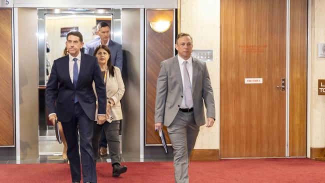 Cameron Dick and Steven Miles heading into the Queensland Labor Party Caucus extraordinary meeting. Picture: Richard Walker