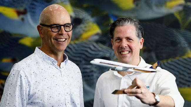 Singapore Airlines has announced that it will begin flying their Airbus A350-900 widebody aircraft to Cairns from March 2024, adding an extra 884 seats and 60 tonnes of freight per week to the Singapore to Cairns route. Cairns Airport CEO Richard Barker and Tourism Tropical North Queensland CEO Mark Olsen with a model of the new, larger aircraft, which can carry an extra 176 passengers. Picture: Brendan Radke