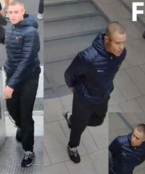 The sixth man (Person F) is described as being of Caucasian appearance, of average height and medium build. He is depicted wearing a navy blue puffer jacket, black pants, sunglasses on the back of his head and black Nike-brand shoes with white soles and shoe laces. Picture: NSW Police