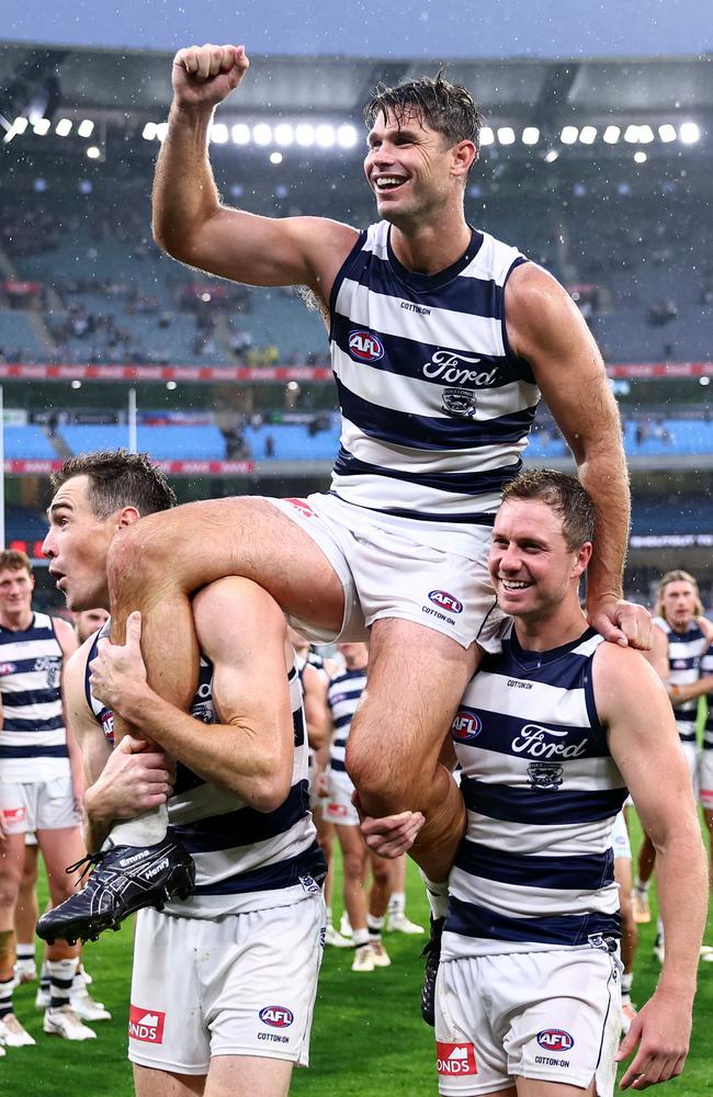 Tom Hawkins gets chaired off after game 350 on Easter Monday. Picture: Quinn Rooney/Getty Images