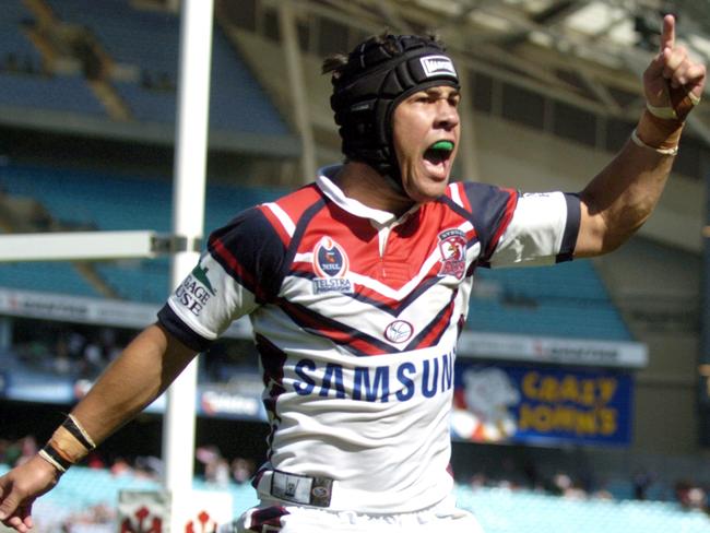 Jamie Soward celebrates scoring a try for the Roosters in 2006.