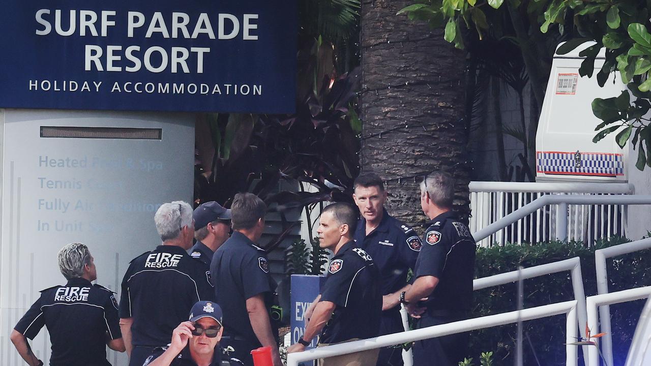 Emergency Services and Police on scene of a fire in a unit complex in Surf Parade Surfers Paradise. The area was declared a crime scene. Picture: Glenn Hampson