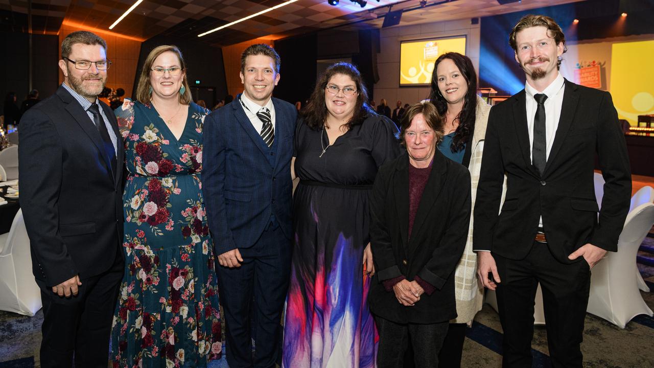 At the Business disAbility Awards of Australia are (from left) Jonathan Gray, Danielle Gray, Kai Poulton, Haley Poulton, Bernie Melbourne, Stacey Cobb and Bryce Hunt at Edmund Rice Cultural Centre, Saturday, May 17, 2025. Picture: Kevin Farmer