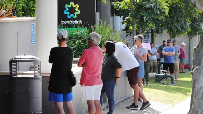 Within hours of announcing JobKeeper, Centrelink centres around the country saw lines around the block. Picture Glenn Hampson