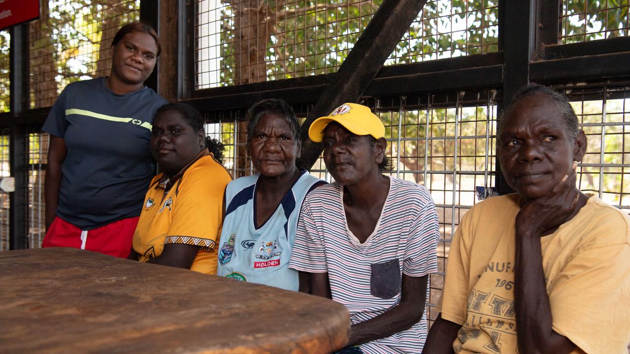 Tiwi women Silva Punguatji, left, Nilvsia Kerinaiua, Bebesley Wilson, Carla Kerinaiua and Lisa Timeapatua at Wurrumiyanga following the crash on Melville Island on Sunday August 27. Picture: Pema Tamang Pakhrin