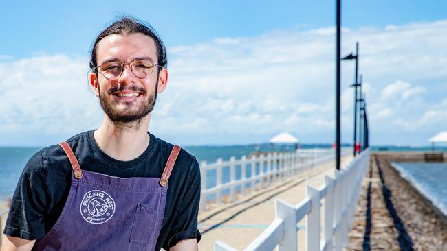 Barista Sam Reid from Pelican's Nest, Wynnum. The cafe is opening for dine-in this weekend. Picture: Richard Walker