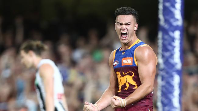 BRISBANE, AUSTRALIA - APRIL 18: Cam Rayner of the Lions celebrates a goal during the round 5 AFL match between Brisbane and Collingwood at The Gabba on April 18, 2019 in Brisbane, Australia. (Photo by Chris Hyde/Getty Images)