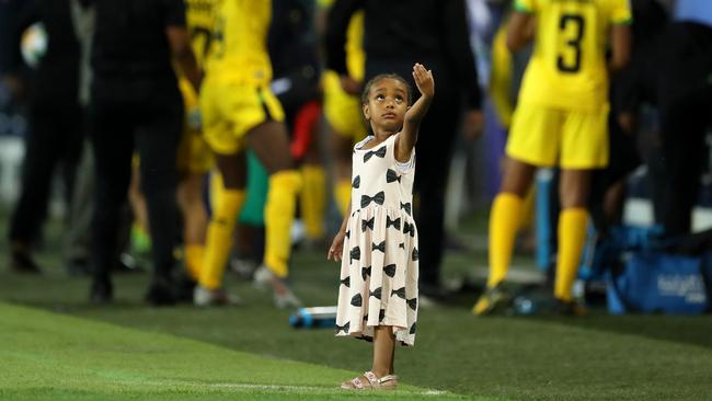 A child dances on the pitch after Australia’s 4-1 victory over Jamaica in their Group C 2019 FIFA Women’s World Cup match in Grenoble, France. Picture: Getty Images