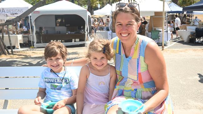 Levi, 8, Arlia, 5, and Narelle Donnellan at the Mooloolaba Foreshore Festival. Picture: Tegan Annett