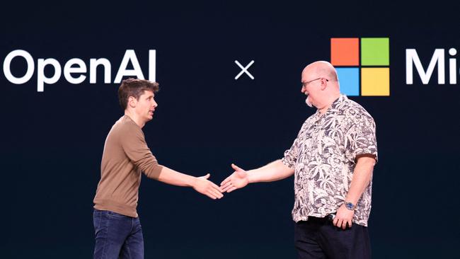 Microsoft chief technology officer Kevin Scott (right) was instrumental in forging the company’s partnership with Open AI and its chief executive Sam Altman (left). Picture: AFP